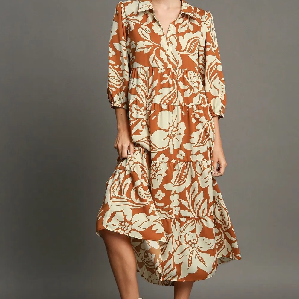 NWOT Umgee Rust and Cream Floral Midi Dress - Picture 2 of 9